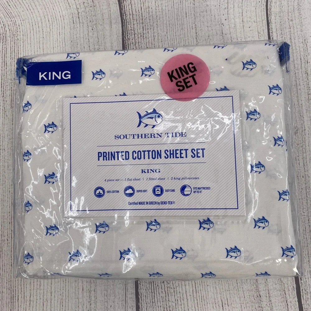 Southern Tide Skipjack Sheet Set King White Blue 100% Cotton Percale Coastal